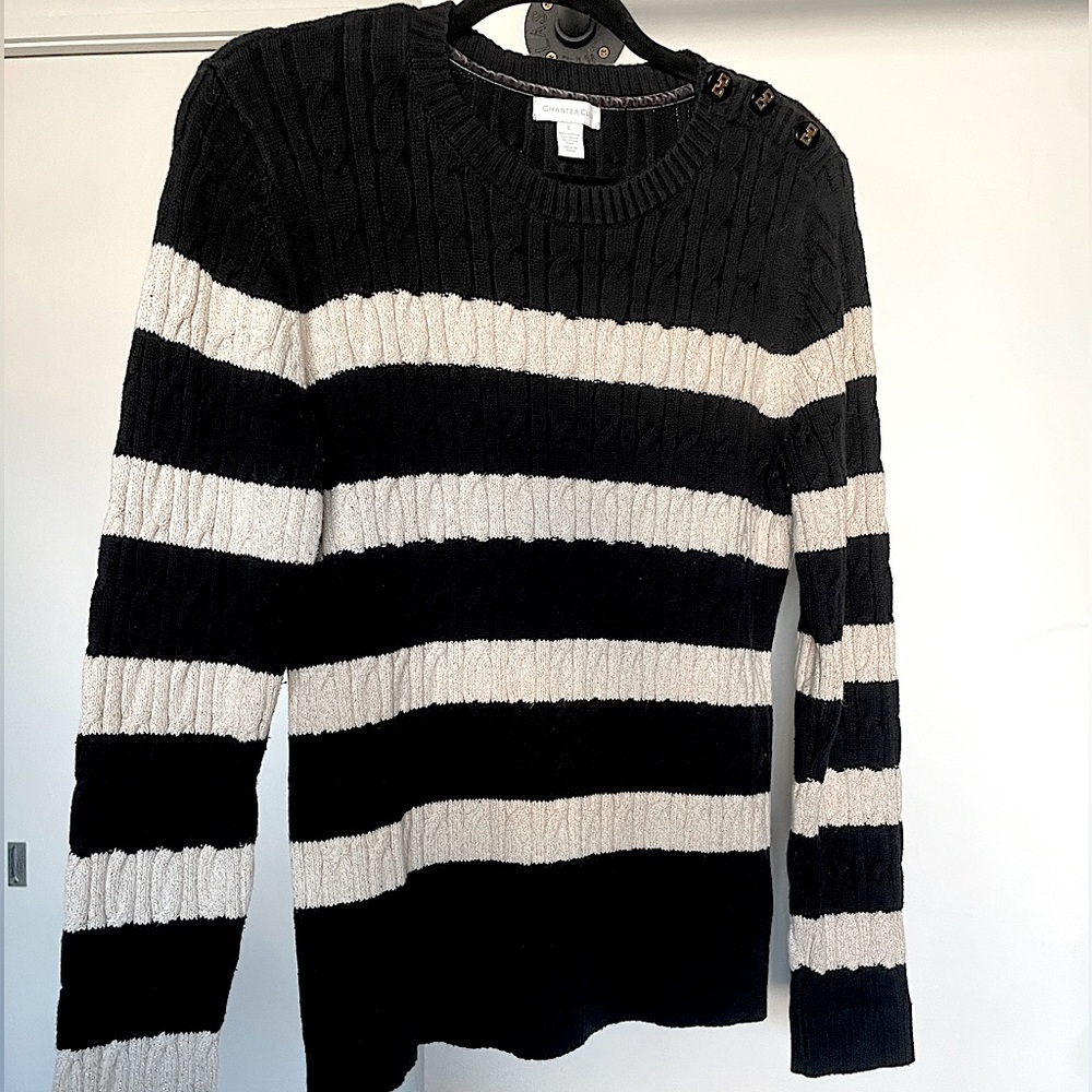 Charter Club Cable Knit Black White Gold Speckled Striped Crew Neck Sweater
